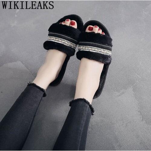 Winter Bedroom Slippers Fur Slides Furry Flat Slippers Luxury Shoes Women Designers Fashion Plush Cute Slippers 42 Shoes Women