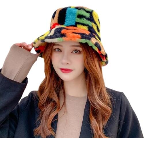 2020 New Outdoor Multicolor Rainbow Faux Fur Letter Pattern Fluffy Bucket Hat Women Winter Cap Soft Warm Gorro Pescador