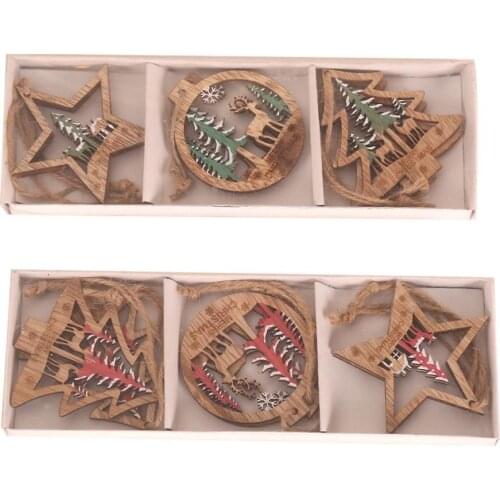 6Pcs Christmas Wooden Pendants Ornament Christmas Tree Hanging Hollow Elk Round Ornament For Home Christmas Party