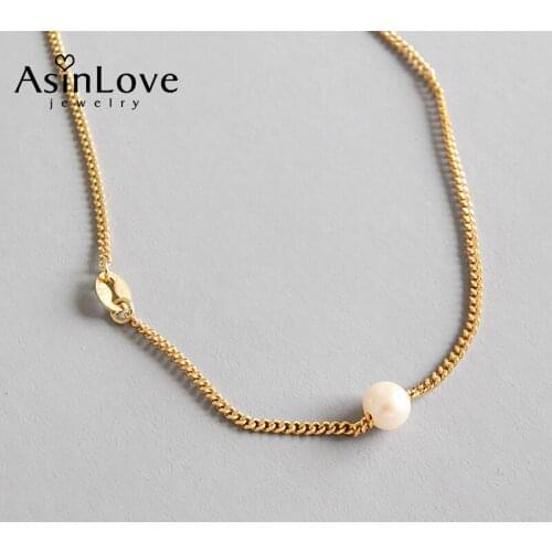 AsinLove 18K Gold Clavicle Chain Freshwater Pearl Necklace for Women Real 925 Sterling Silver Simple Beads Choker Fine Jewelry