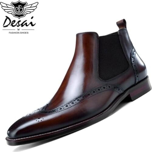 DESAI New Arrivals Boots Men Genuine Leather Chelsea Boots Retro Brogue Carved High Quality Short Boots Mens Handmade Shoes