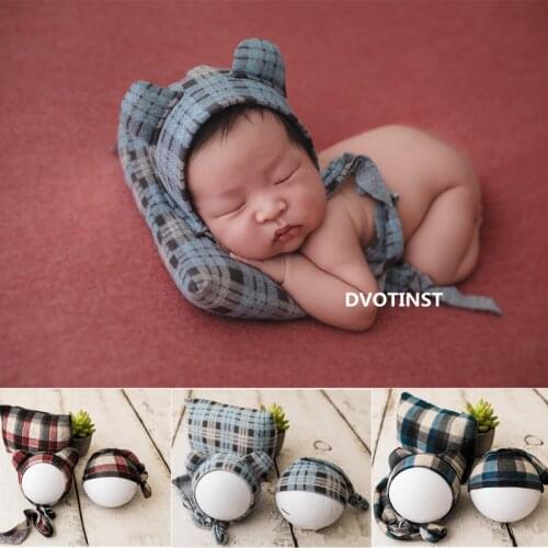 Dvotinst Newborn Photography Props Baby Plaid Hat Bonnet Pillow Cute Soft Set Fotografia Accessorio Studio Shoot Photo Props