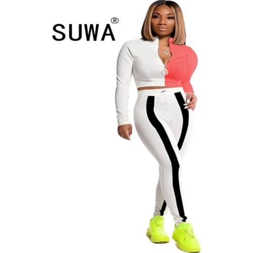 Contract color patchwork high street fashion women sets 2 piece sexy club outfits long sleeve crop top + sport pants sweat suit