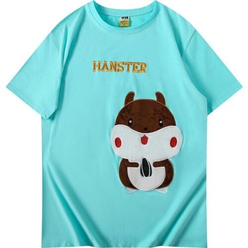 Summer MenS Short-Sleeved Cotton T-Shirt Casual Loose Soft Hamster Embroidery Cartoon Pattern Solid O-Neck Couple Travel Top