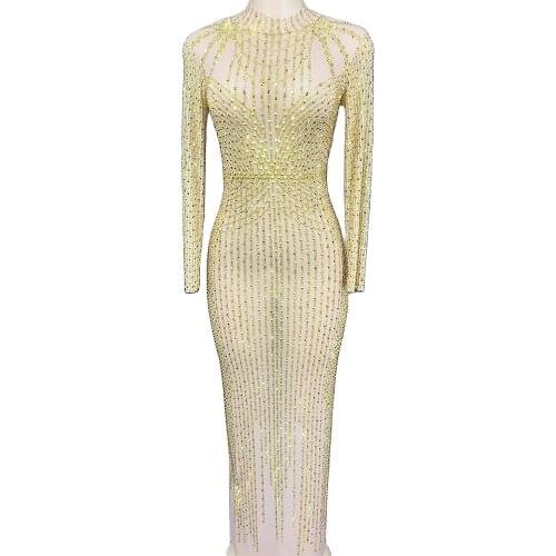 Mesh Gauze Floor-Length Split Fork Dress Rhinestones Sparkly Clothing Women Nightclub Dance Show Wear Lady Performance Clothing