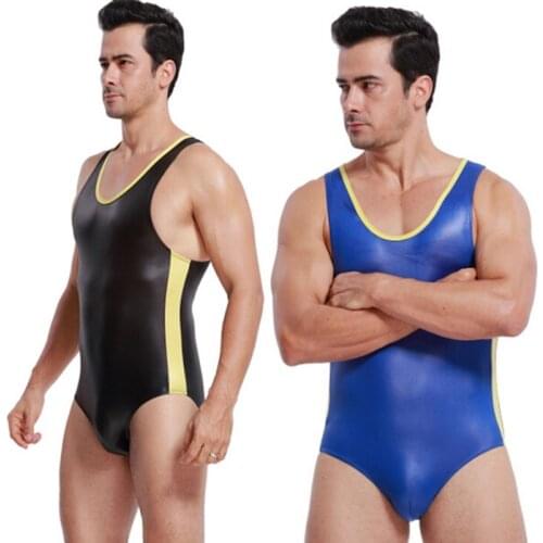 Fashion Mens Imitation Leather Bodysuit Aerobic Exercises Shapewear Male Wrestling Leotard Bodybuilding Fitness Gym Suit Clothes