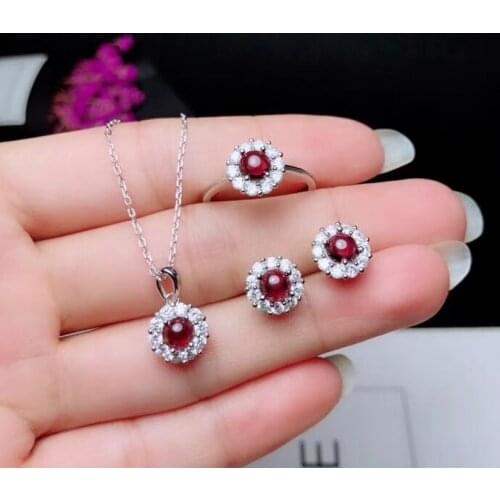 S925 silver natural red garnet ring pendant earrings natural gemstone jewelry set Lovely round Sunflower girl party gift jewelry
