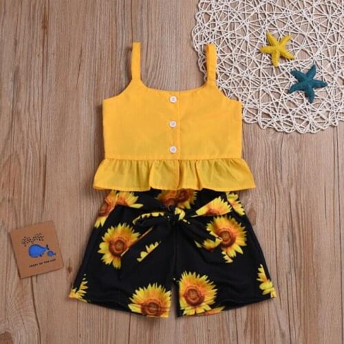 Toddler Baby Girl Clothes Sleeveless Strap Crop Ruffle Tops Sunflower Print Short Pants 2Pcs Outfits Clothes Summer 2-6T