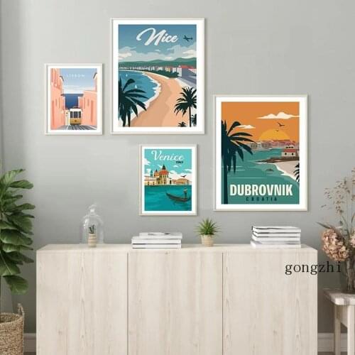 Croatia Lisbon Nice France Venice Italy Travel Cities Vintage Poster Canvas Painting and Prints Wall Art Pictures for Home Decor
