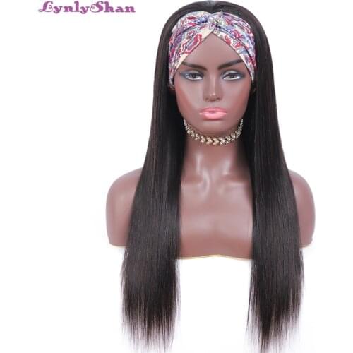 Lynlyshan Straight Human Hair Wigs With Headband Scarf Brazilian Remy Hair 150 Density Scarf Wig For Black Women Fashion Style