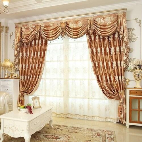 European Luxury Blackout floral Gold windows treatment curtains for living room bedroom with tulle