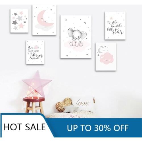 Pink Moon Elephant Cartoon Child Nursery Quotes Wall Art Canvas Painting Posters Prints Nordic Girl Kid Baby Room Decor