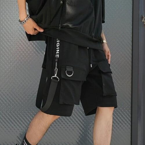 Hip Hop Summer Shorts Men 2020 Black Ribbons Streetwear Bermuda Man Shorts Multi-pocket Punk Casual Knee Length Short Pants Men