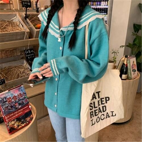 Kawaii Sweater Jackets Women Fall Korean Sweet Loose Sailor Collar Lace Exquisite Buttons Candy Knit Cardigans Female Outwear