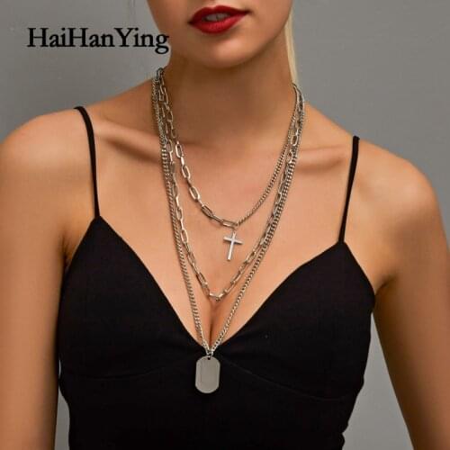 Unique Exaggerated Multi-layer Necklace Punk Cross Pendant Necklace Womens Mens Metal Silver Chain Hip Hop Gothic Jewelry