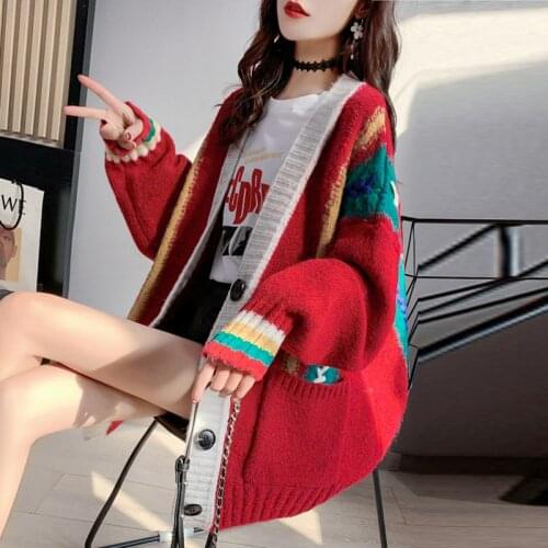 Warm Cardigan Merry Christmas Cute Knit Print Full Sleeve Sweatshirts Tops Casual Cotton Coats Streetwear Autumn Winter 2021 New