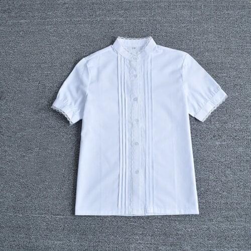 Japanese School Girls lovely Lace edge stand collar Accordion Pleat white short-sleeve shirt Tops JK Cosplay