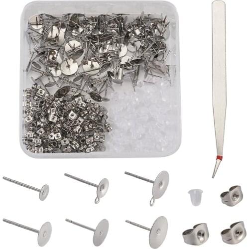 1 Box 304 Stainless Steel Blank Peg Stud Earring Findings & Beading Tweezers,Plastic Ear Nuts For DIY Earring Making Accessories