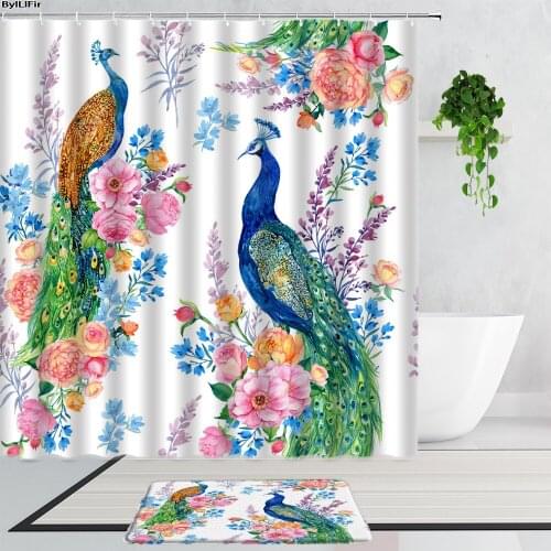 Flowers Peacocks Shower Curtains Elegant Bird Feather Peony Home Decor Bathroom Accessories Non-Slip Carpet Mats Bath Curtain