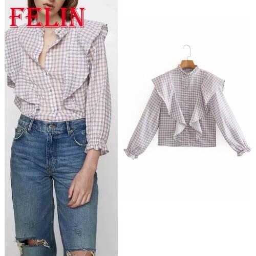 Womens Shirts Vintage Plaid Print Ruffles Trim Za Women Blouse Long Sleeve V Neck 2021 Fashion Sweet Mujer Tops