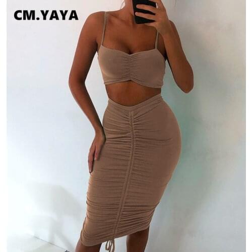 2020 Women Set Summer Sleeveless Strap Crop Top +Skirts Suit Solid Two Piece Set Sexy Backless Bandage Dress Outfits 8141