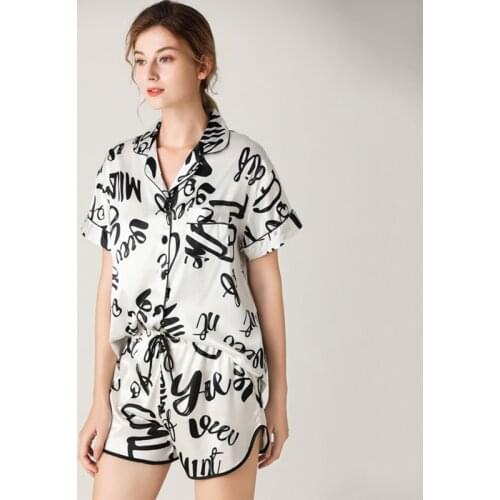 JULYS SONG 2020 New Summer Women Faux Silk Pajamas Set Printed Nightwear for Female Short Sleeves Sleepwear Homewear