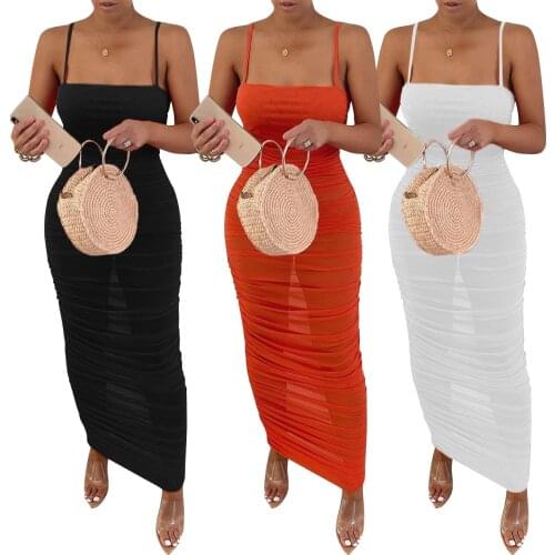 Spaghetti Strap Tight Bodycon Dress Ruched Sexy Midi Dress Summer White Tube Party Dresses Women Club Two Layers Outfits