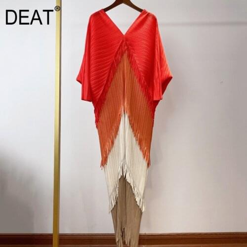 DEAT Woman Pleated Dress Hit Color Patchwork Tassel Batwing Sleeve V Collar Mid Length Vintage Style Elegant 2021 Summer 15XF208