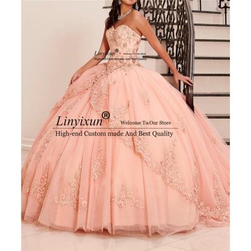 Ball Gown Pink Quinceanera Dresses Flowers Tulle Appliques Crystals Court Train vestido de 15 anos Lace-Up Sweet 16 Dresses
