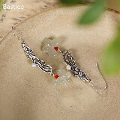 Bastiee Silver 925 Jewelry 925 Sterling Silver Earrings Dangle Earrings Vintage Korean Earrings Golden Plated Jade Silver