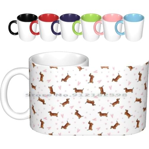 Dachshund Pattern-White Ceramic Mugs Coffee Cups Milk Tea Mug Dog Dogs Canine Dachshund Doxie Sausage Wiener Pattern Hearts