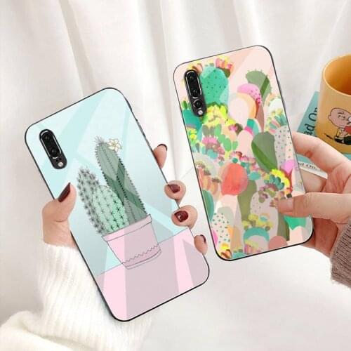 Lovely Cactus Phone Case Tempered Glass For Huawei P30 P20 P10 lite honor 7A 8X 9 10 mate 20 Pro
