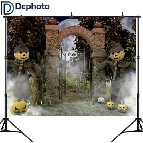 Dephoto Halloween Theme Backdrop Mysterious Door Horror Pumpkin Moon Hallowmas Party Photography Background Photo Studio Prop