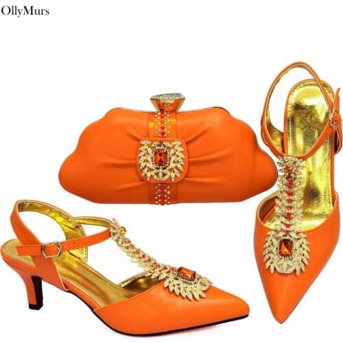 Italian Style Elegant Orange Color Shoes And Bags Set Italian Design Rhinestone Pumps Shoes With Bag Set For Party Dress