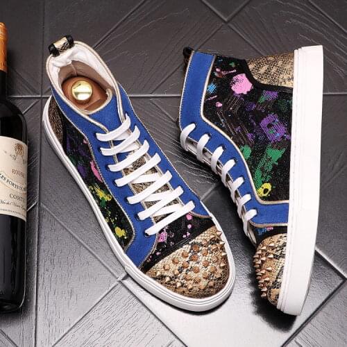 ERRFC Hot Selling Mens Blue Casual Comfort Shoes High Top British Luxury Rivets Charm Man Leisure Shoe Print Chic Zapatos 38-43