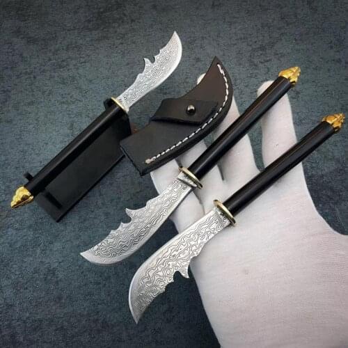 Guan Gong Mini Damascus Fixed Knives,Brass Handle Collection Gift Knife,Small Rescue Knife
