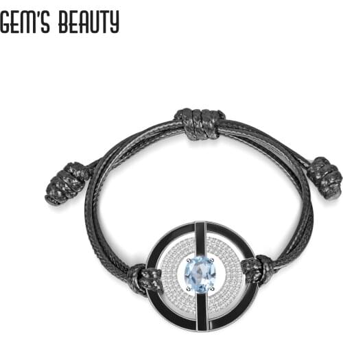 GEMS BEAUTY 925 Sterling Silver Enamel Wax Rope Bracelet For Women Natural Oval Cut Sky Blue Topaz Handmade Jewelry Bracelet