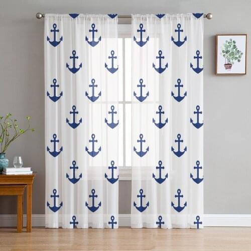 Anchor Blue Repeating Retro Sheer Curtains for Girl Kids Bedroom Kitchen Window Drapes Curtain Home Decoration