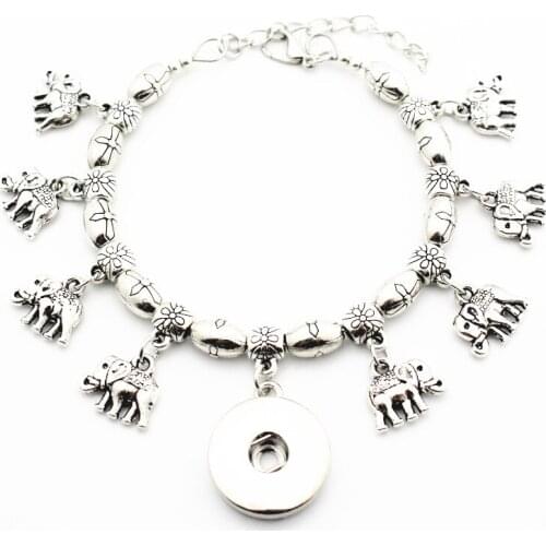 Hot Sale 1pcs Metal Silver Cross Bead Snap Bracelet Elephant Animal Charms Adjustable 18mm Snap Button Bracelet&Bangles Jewelry