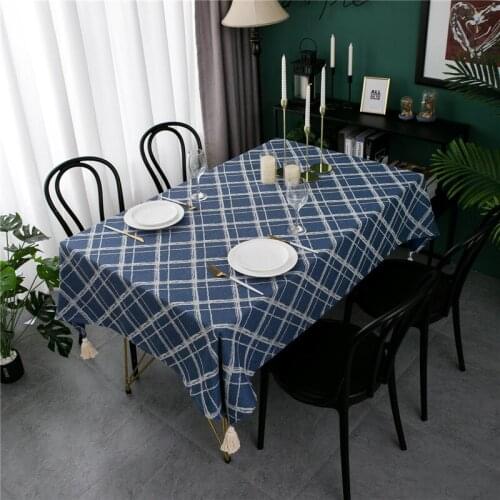 Plaid Table Cloth Imitation Cotton Grid Tassel Tablecloth Dining Table Cover Blue Nordic Coffee Table Cloth Knit Mantel Mesa
