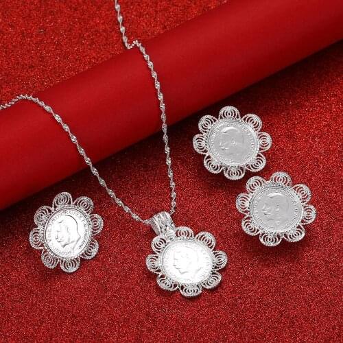 Ethiopian Jewelry Set Silver Color Pendant Chain Earrings Ring Habesha Wedding Eritrea Party Gift