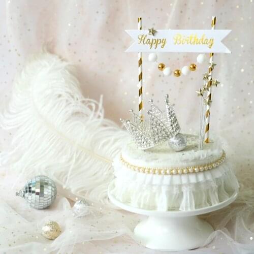 Royal Platinum Banner Gold Ball Star Happy Birthday Cake Topper Romantic Charming Crown Decorations Party Supplies Kids Favors