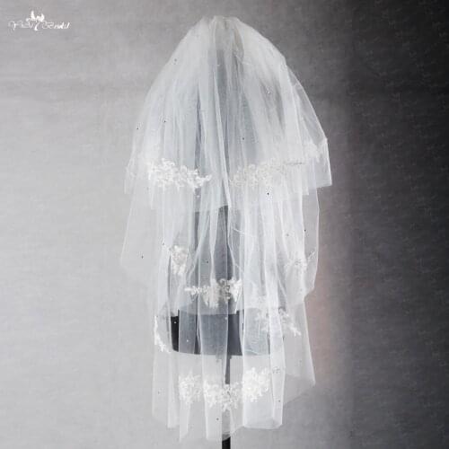 RSV34 Beaded Appliques Short 3 Layers Bridal Lace Wedding Veil