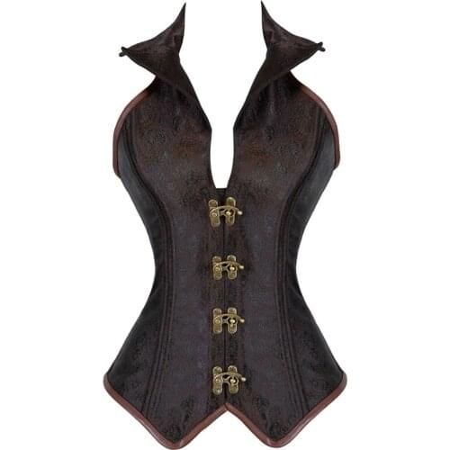 Vintage Steampunk Gothic Overbust Corset Women Sexy Jacquard Halter Brown Black Corset Top Body Shaping and Slimming Clothing