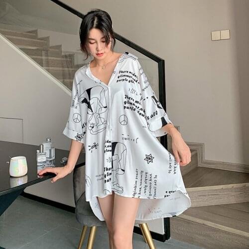 Summer Letters Printed Satin Chemise Femme White Shirt Nightgown Sexy Lingerie Breathable Cool Comfortable Sleeping Shirts Women
