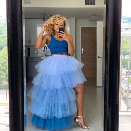 Trendy Colored Reaped Tulle Skirts Women To Party High Low Ruffles Tulle Mesh Skirt Elastic Long Maxi Skirt