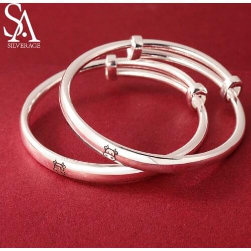 SA SILVERAGE Male and Female Zodiac Glossy Annual Gift 2021 Cartoon Cow Year Silver Bracelet 999 Silver Baby Childrens Bracelet