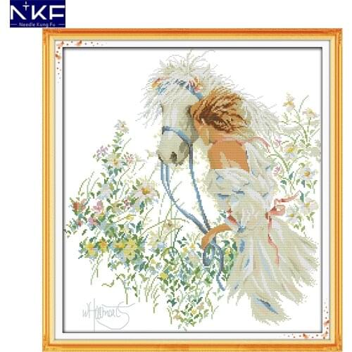 NKF White Horse and Girl Pattern Handmade Craft Needlework Cross Stitch Embroidery Kit Printed Design Stitching Home Decor