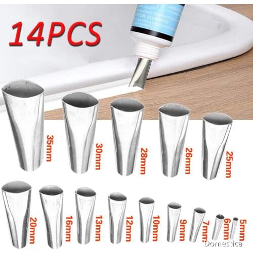 14PCS Of Glass Glue Gun Nozzle Stainless Steel 5~35MM Glue Remover Caulk Putty Knife Cement Remover For Silicone Sealing Nozzle