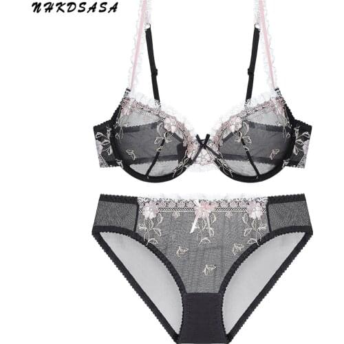 Sexy Transparent Bra and Panties Set Lingerie Push Up Lace Large Size Underwear Women Lovely Embroidery Bras Set Brassieres